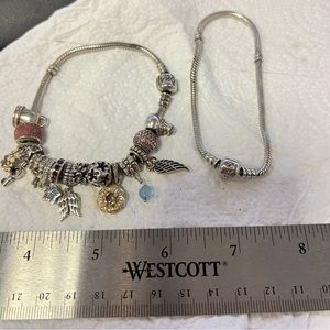 PANDORA 925 Silver Snake Chain Barrel Clasp Bracelets With 15 Charms